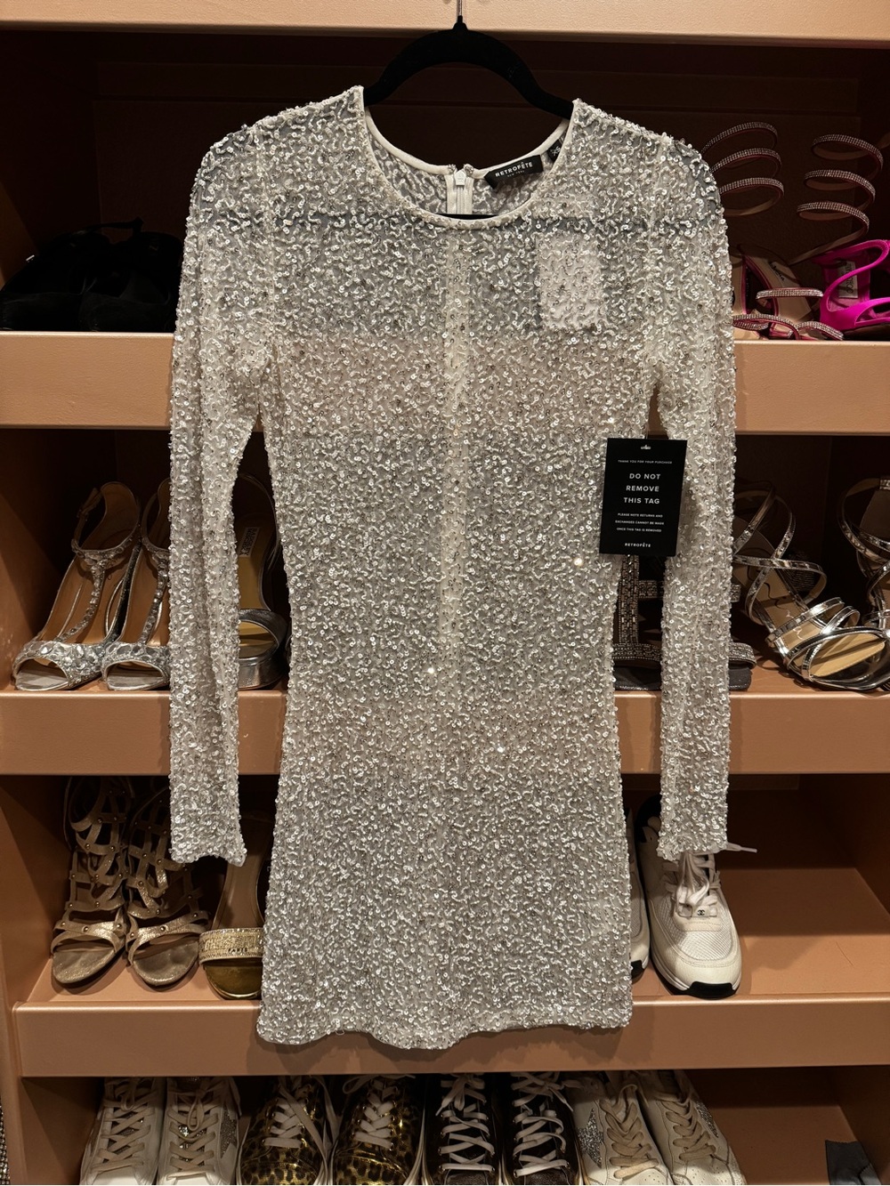 Beaded Long-Sleeve White Mini Dress